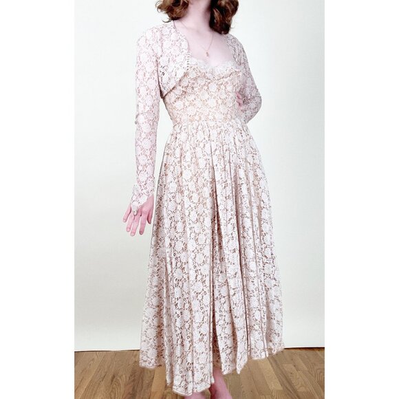 Vintage 50s Lace Midi Maxi Dress Set Formal Wedding Whimsigoth Regency Victorian - Picture 4 of 11